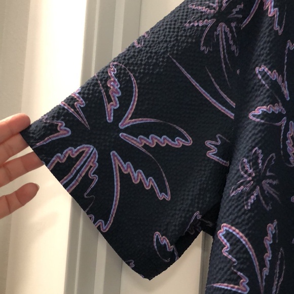 Oakley Hawiian shirt Men's XL Navy Purple Palm Tree Shirt seersucker polo EUC - Picture 7 of 13